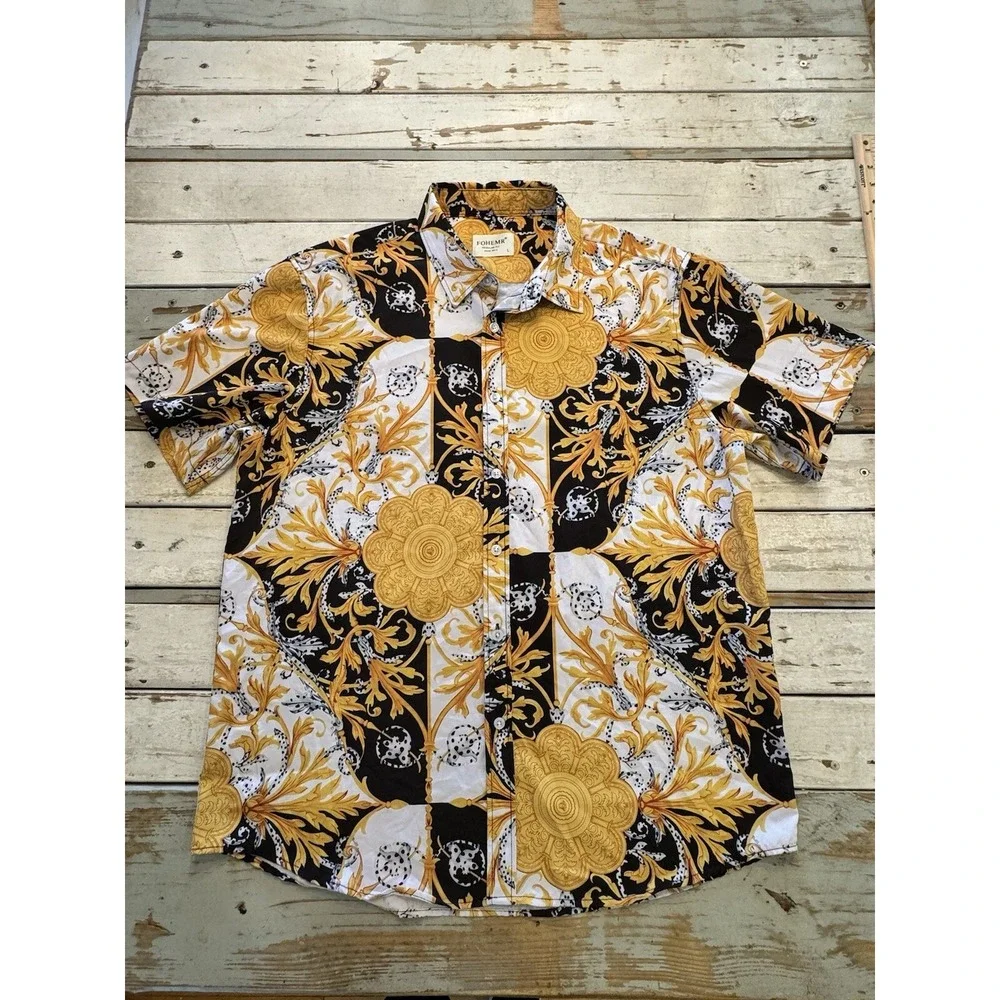 Mens Fohemr Button Up Shirt Men's Size  Large Baroque Abstract Print Yellow